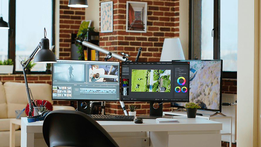 clean-modern-desk-setup-living-room-designed-media-production-min